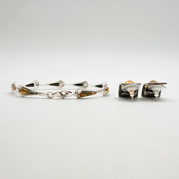 Vintage Baltic Amber Sterling Silver Semi Hoop Post Earrings and Bracelet Set - Picture 11 of 13